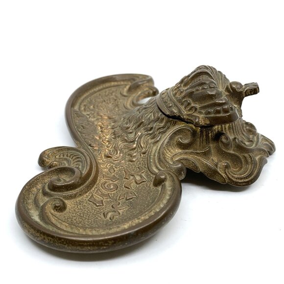 Edwardian Brass Inkwell Rex 1911 Ornate Antique Desk Accessory New Orleans - Picture 12 of 15